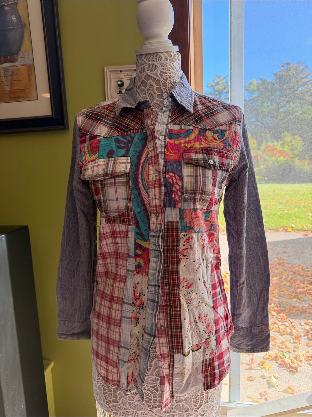 Sundance Patchwork Button-Down Shirt in Red, Teal, Pink